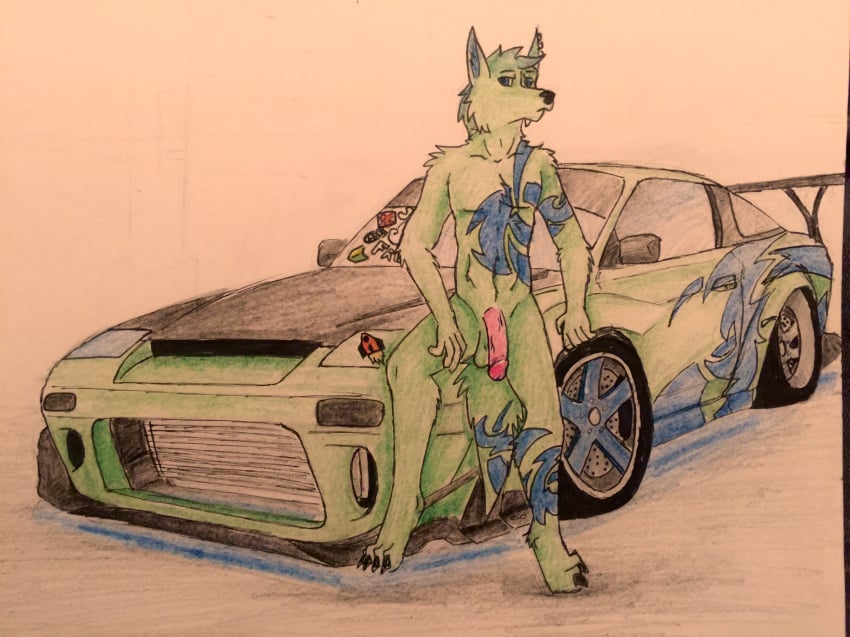 1boy anthro big_penis bossman1969 canine car coyote fur furry green_fur looking_at_viewer male male_only mammal nissan nissan_240sx nude penis simple_background vehicle