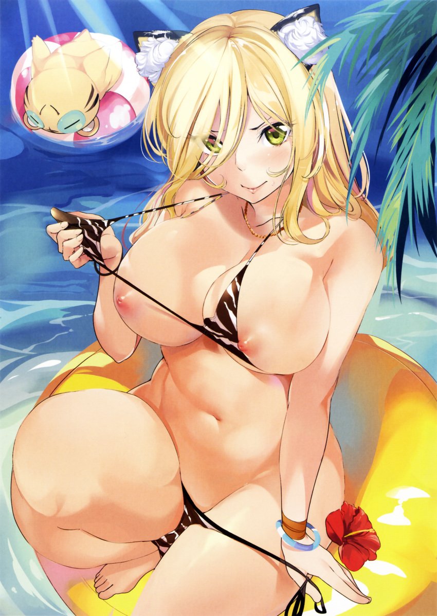 absurdres animal_ears animal_print areolae bare_legs barefoot bikini blonde_hair bracelet breasts cleavage curvy day female flower green_eyes hair_over_one_eye hibiscus highres innertube jewelry kotora_(toranoana) large_breasts long_hair looking_at_viewer marushin_(denwa0214) navel necklace nipples outdoors scan side-tie_bikini sitting solo string_bikini sunlight swimsuit tiger tiger_ears tiger_print toranoana