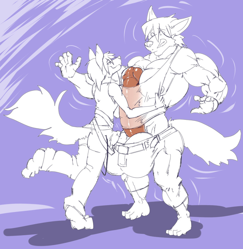 big_penis bobert bulge canine duo erection fox growth huge_cock huge_muscles husky kouya_(morenatsu) male mammal morenatsu muscular pecs penis romantic_couple sirus size_difference yaoi