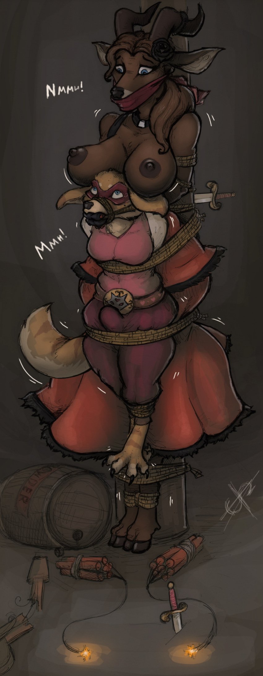 absurd_res anthro bondage bondage boob_hat bound bound_together breasts bulge canid canine clothed clothing crossdressing dagger deer dress duo dynamite explosives female fennec_fox fox gag hands_behind_back hi_res horn imminent_death male male/female mammal mask melee_weapon peril rope size_difference spiritalpha stuff_gag text true_fox weapon western