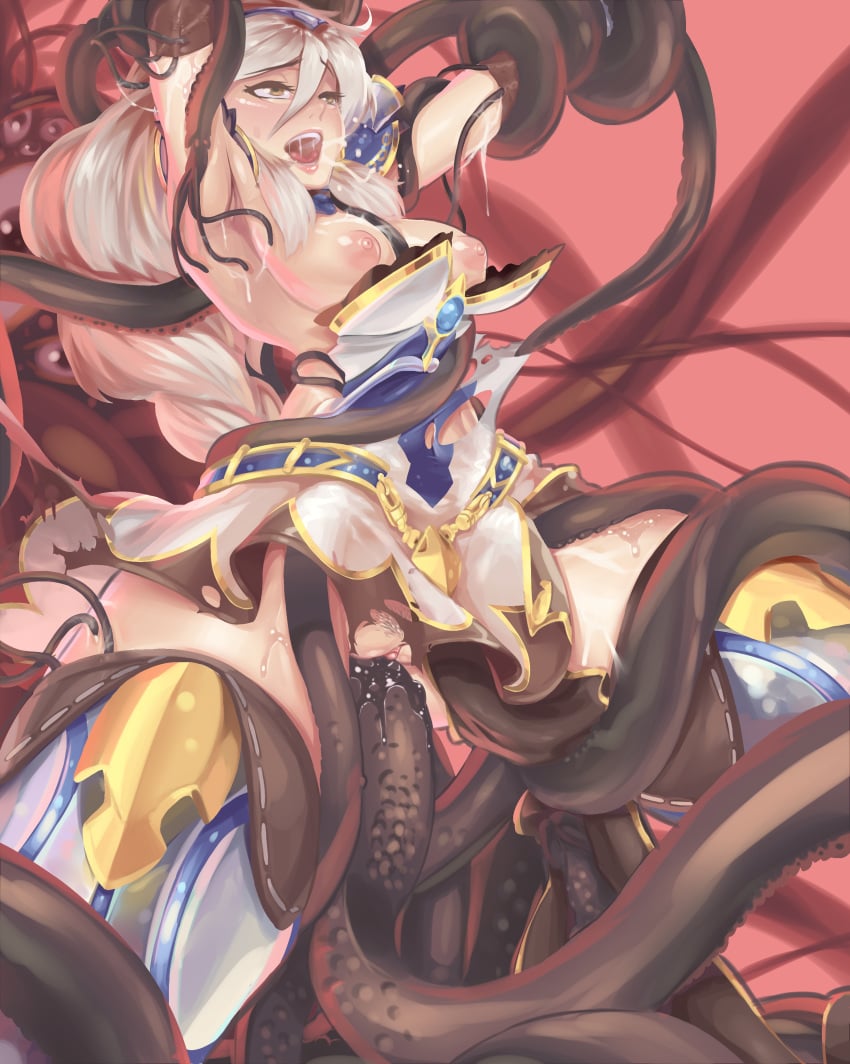 absurdres ahe_gao animal_ears blush breasts consensual_tentacles erun_(granblue_fantasy) female glo-s-s granblue_fantasy grey_hair happy_sex heles highres large_breasts long_hair monster nipples object_insertion open_mouth pubic_hair puffy_nipples pussy pussy_juice restrained saliva sex shiny shiny_skin skindentation slime smile solo spread_legs suspension sweat tentacle tentacles_under_clothes tongue torn_clothes vaginal_object_insertion vaginal_penetration white_hair