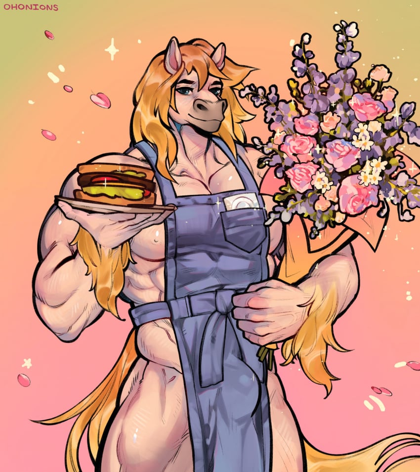 anthro anthro_horse anthro_horse_male anthro_only apron apron_only ass big_thighs buff buff_male dominant dominant_anthro dominant_feral dominant_male flowers furry furry_ass furry_ears furry_horse furry_male furry_only furry_tail holding_flower horse horse_ears horse_penis horse_tail horsecock male male_focus male_only male_wife muscular muscular_male ohonions sandwich thick