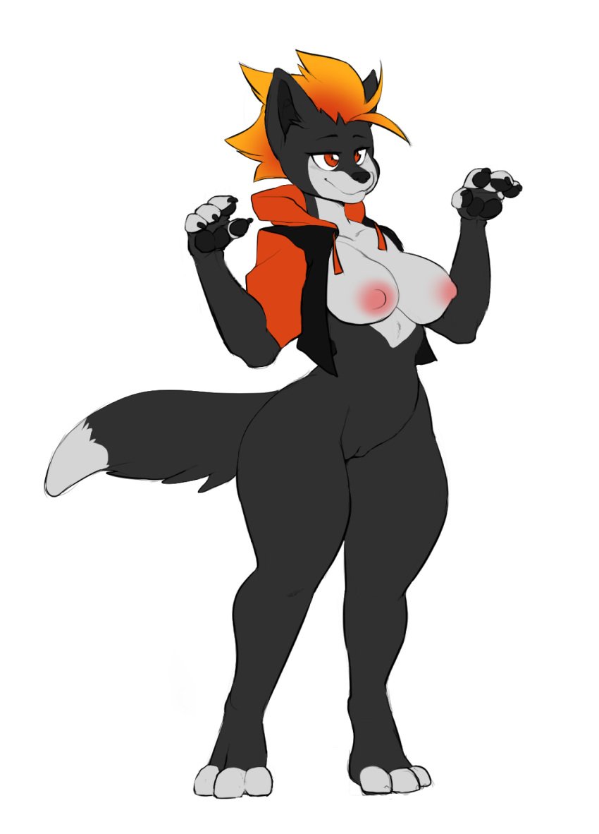 2018 anthro breasts canine clothing female fur furry furry_only hair jacket jas mammal nipples pussy red_hair smile solo tail thick_thighs topwear yogoat