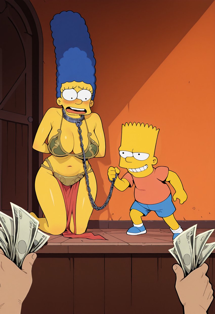 1girls 2d absurd_res absurdres ai_assisted ai_generated auction bart_simpson beehive_hairdo blue_hair cartoon cash escort female high_resolution highres large_breasts leash leash_and_collar leash_pull marge_simpson metal_bikini mother_and_son multiple_boys princess_leia_organa_(cosplay) prostitution raleu10 scared slave_auction slave_leia_(cosplay) slim_waist the_simpsons wide_hips yellow_skin