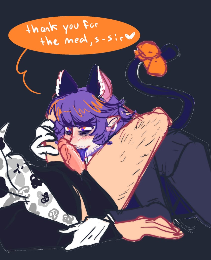 cat_ears cat_tail cuntboy depriviolent fully_clothed intersex leviathan_(obey_me) licking_dildo obey_me!_one_master_to_rule_them_all strap-on transmasc