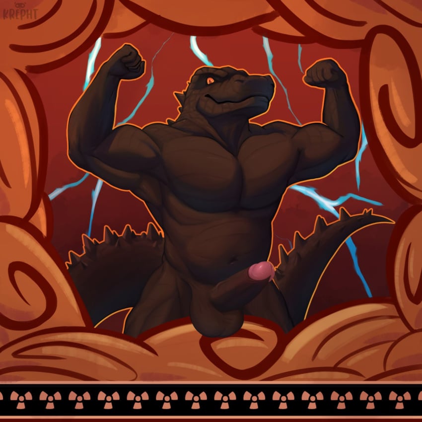 1:1 anthro balls digital_drawing_(artwork) digital_media_(artwork) genitals godzilla godzilla_(series) hi_res humanoid humanoid_genitalia humanoid_penis kaiju krepht male male/male musclegut muscular muscular_male penis saggy_balls scalie solo toho