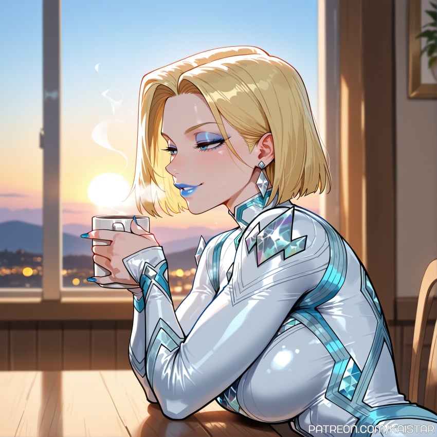 1female 1girls ai_generated big_breasts big_breasts blonde_female blonde_hair blonde_hair blonde_hair_female blue_clothing blue_eyes blue_eyeshadow blue_lips blue_lipstick breasts breasts coffee coffee_cup coffee_mug drinking emma_frost emma_frost_(marvel_rivals) female from_side huge_boobs huge_breasts kaistar large_boobs large_breasts light-skinned light-skinned_female light_skin looking_away marvel marvel_comics marvel_rivals medium_hair mug patreon short_hair sitting smile smiling smirk snow solo solo_female solo_focus sun sunrise white_skin white_skinned white_skinned_female