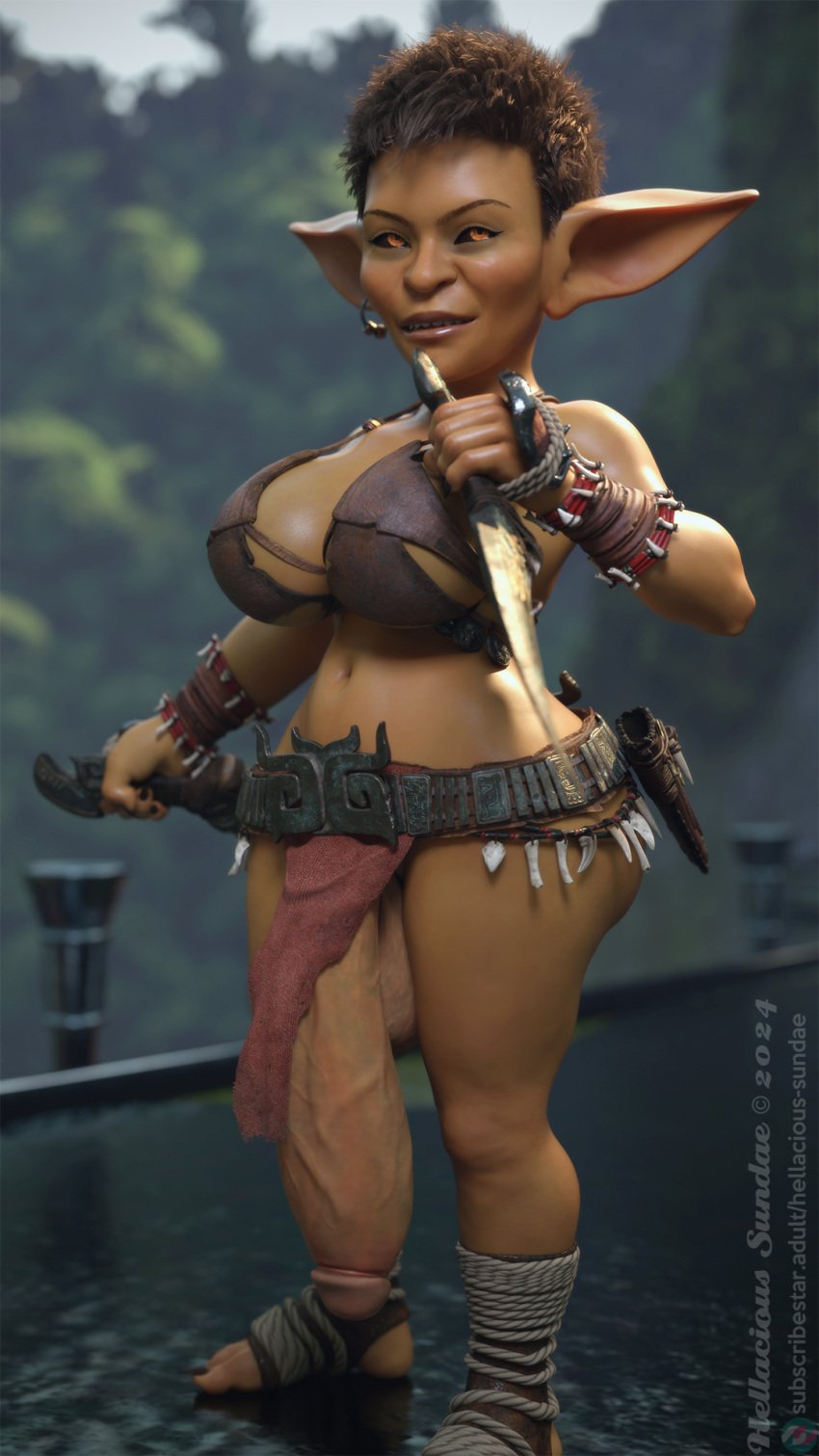 1futa 1futanari 3d baldur's_gate_3 belt black_claws bra brown_hair casual claws clothing dagger daggers dark_skin dnd dual_wielding dungeons_and_dragons ear_piercing earring fat_ass fat_butt fat_thighs footwear futa_only futanari genitals goblin goblin_(baldur's_gate_3) goblin_ears goblin_futa handwear hanging_cock hanging_penis hellacious_sundae huge_cock huge_penis humanoid humanoid_penis humanoid_pointy_ears ineffective_clothing intersex large_ass large_balls large_breasts large_butt large_testicles leather leather_bra leather_clothing loincloth orange_eyes orange_skin pointy_ears scabbard sharp_teeth short short_hair sluck tribal tribal_clothing tribal_futa veins_on_dick veiny_cock veiny_penis weapon wrist_grab