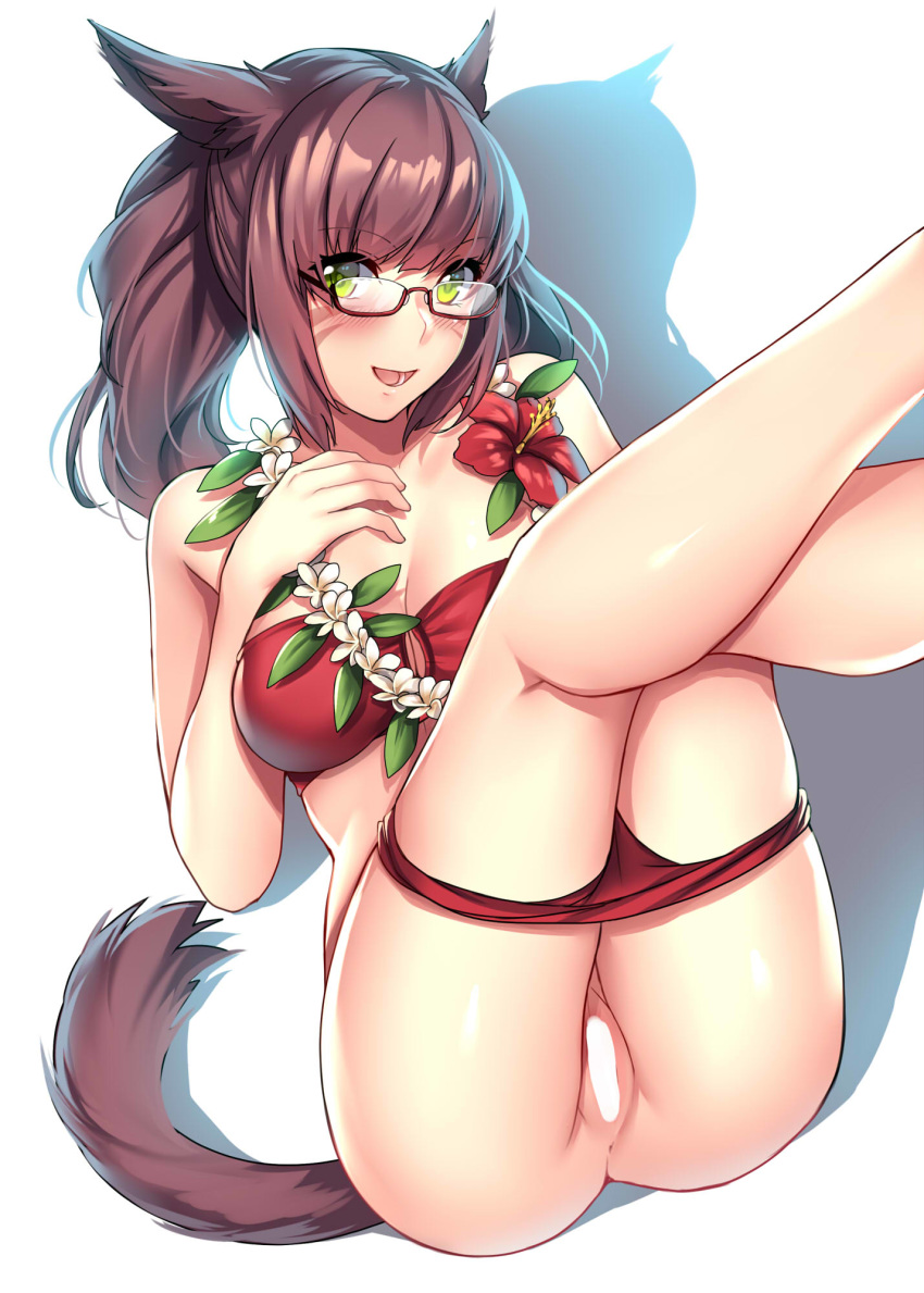 :d animal_ears anus aruma_jiki bandeau bikini bikini_pull blush breasts brown_hair censored cleavage female final_fantasy final_fantasy_xiv flower glasses green_eyes highres large_breasts legs_up looking_at_viewer miqo'te open_mouth pussy red-framed_eyewear red_bikini semi-rimless_glasses simple_background smile solo swimsuit tail under-rim_glasses white_background