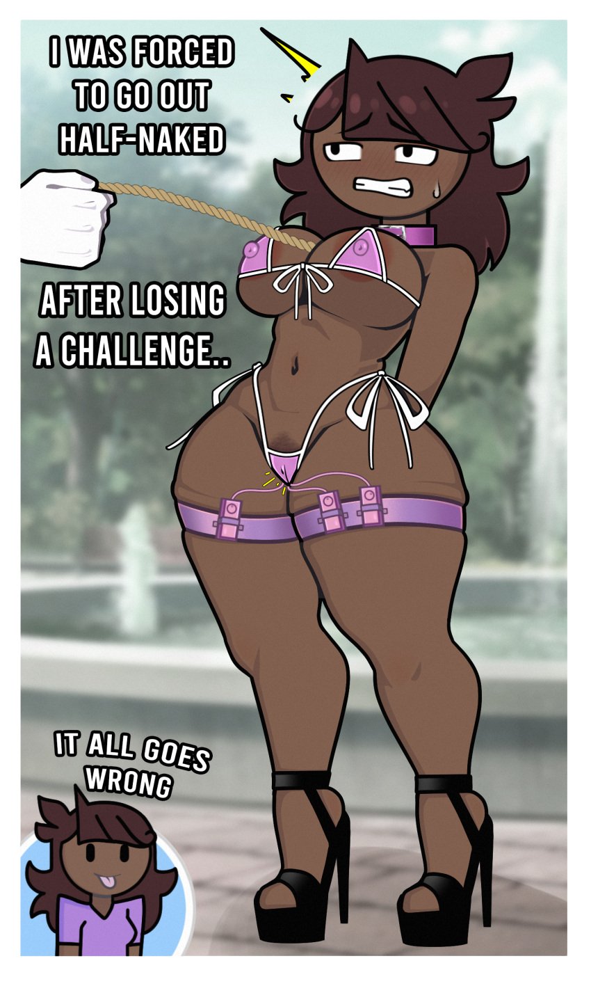 1girls accurate_art_style arms_behind_back bikini black_eyes black_footwear blush bondage breasts brown_hair cameltoe chibi clenched_teeth clothing collar commission dark-skinned_female dark_skin english_language english_text female female_only footwear high_heels huge_breasts jaiden jaiden_(jaiden_animations) jaiden_animations jaidenanimations jewelry large_breasts leash legwear long_hair micro_bikini navel outdoors pink_bikini rope sandals sex_toy shoes side-tie_bikini_bottom skindentation smile solo solo_focus standing steca sweat sweatdrop swimsuit teeth text thelazyart thick thick_legs thick_thighs thigh_strap thighs vibrator vibrator_cord vibrator_under_clothes wide_hips youtube youtuber youtuber_girl youtubers
