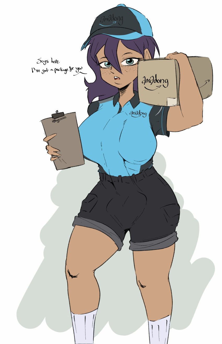 1futa 1girls amazon baseball_cap bulge_through_clothing bulge_under_clothes cargo_shorts clipboard delivery_employee english_text erection erection_under_clothes female full-package_futanari futanari hat intersex jeteggs original original_character package polo_shirt shirt shorts solo solo_focus solo_futa talking talking_to_viewer