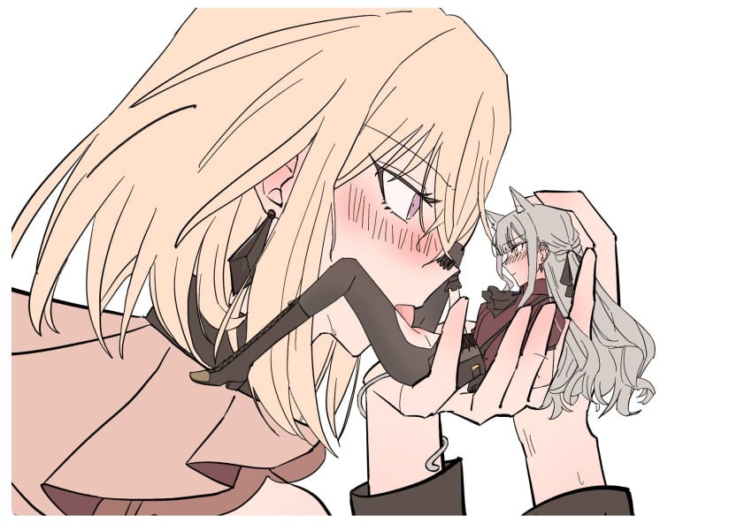 2girls animal_ears bang_dream! bang_dream!_it's_mygo!!!!! black_gloves blonde_hair blue_hair blush commentary_request cunnilingus female gloves highres holding holding_mini_person kira_reader long_hair medium_hair mini_person minigirl misumi_uika multiple_girls oblivionis_(bang_dream!) oral tail tail_wrap togawa_sakiko tongue tongue_out yuri