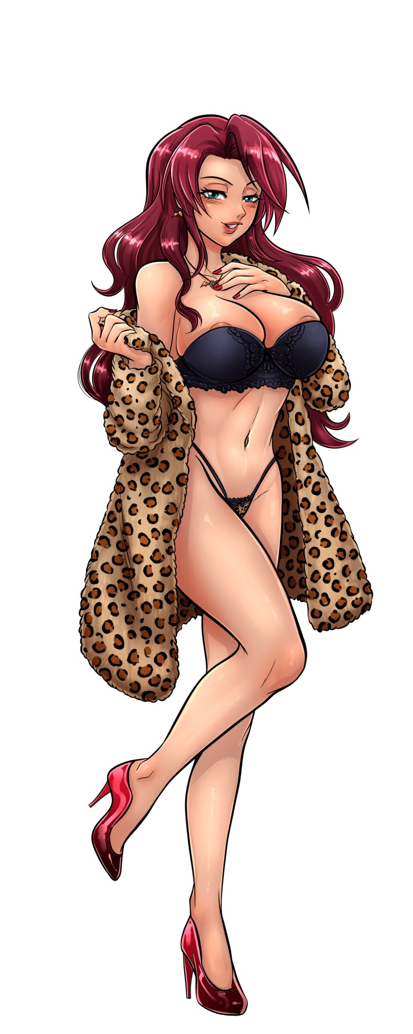animal_print bare_shoulders black_bra black_panties blue_eyes blush bra breasts cg cleavage coat earrings female full_body green_background green_eyes hentai_heroes high_heels highleg highleg_panties isabella_(hentai_heroes) jewelry kinkoid kurono_ageha large_breasts legs leopard_print lingerie lips lipstick long_hair looking_at_viewer makeup nail_polish navel necklace official_art panties parody red_hair red_nails shoes simple_background smile solo standing standing_on_one_leg thighs underwear