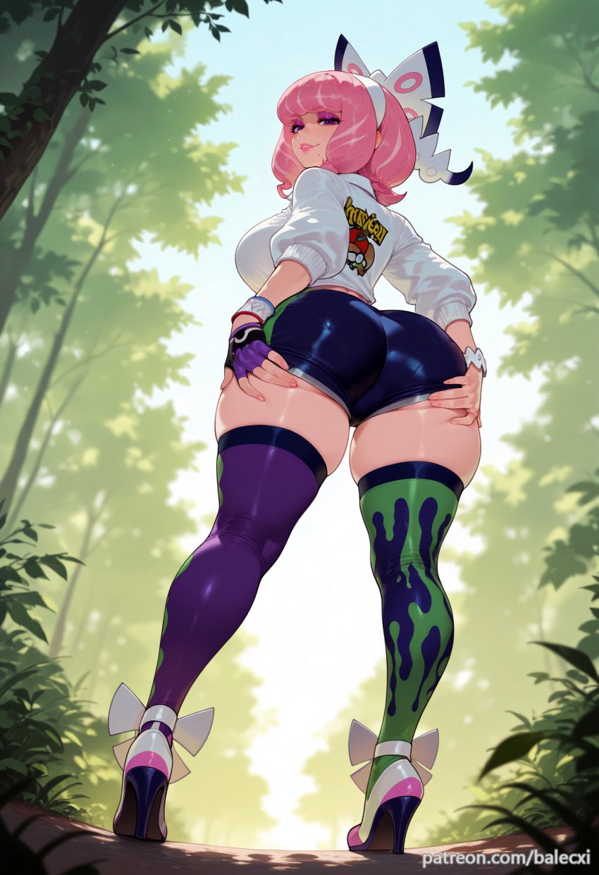 ai_generated ass ass_support asymmetrical_legwear balecxi bow drill_hair female from_behind gloves hairband high_heels klara_(pokemon) large_breasts looking_at_viewer looking_back makeup mismatched_legwear mole mole_under_mouth outdoors patreon_username pink_eyeshadow pink_hair pink_lips pokemon pokemon_ss shorts single_glove solo standing thick_thighs thighhighs white_jacket