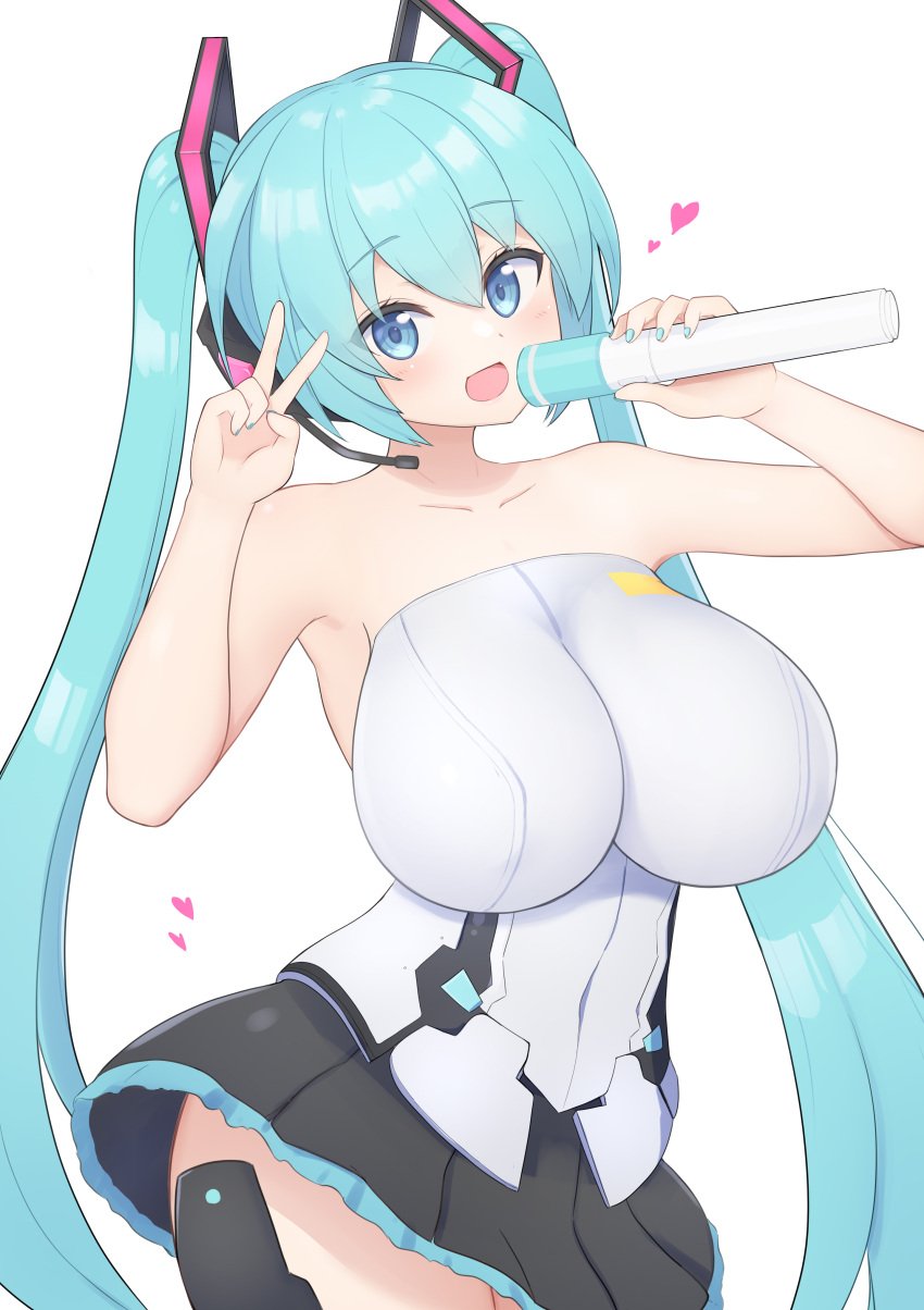 1girls alternate_version_available bare_shoulders big_breasts blue_eyes blue_hair blush female female_focus female_only hatsune_miku holding_microphone holding_object huge_breasts large_breasts light-skinned_female light_skin long_hair looking_at_viewer peace_sign simple_background skirt solo subten thick_thighs thighs twintails v vocaloid white_background