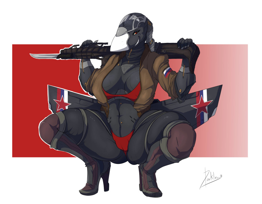 2018 aircraft anthro bayonet bikini boots breasts cameltoe clothed clothing crouching donkles female footwear gun high_heels holding_object holding_weapon jacket knife living_aircraft living_machine looking_at_viewer machine ranged_weapon rifle shoes smile solo spread_legs spreading su-47 swimsuit thick_thighs underwear weapon wings