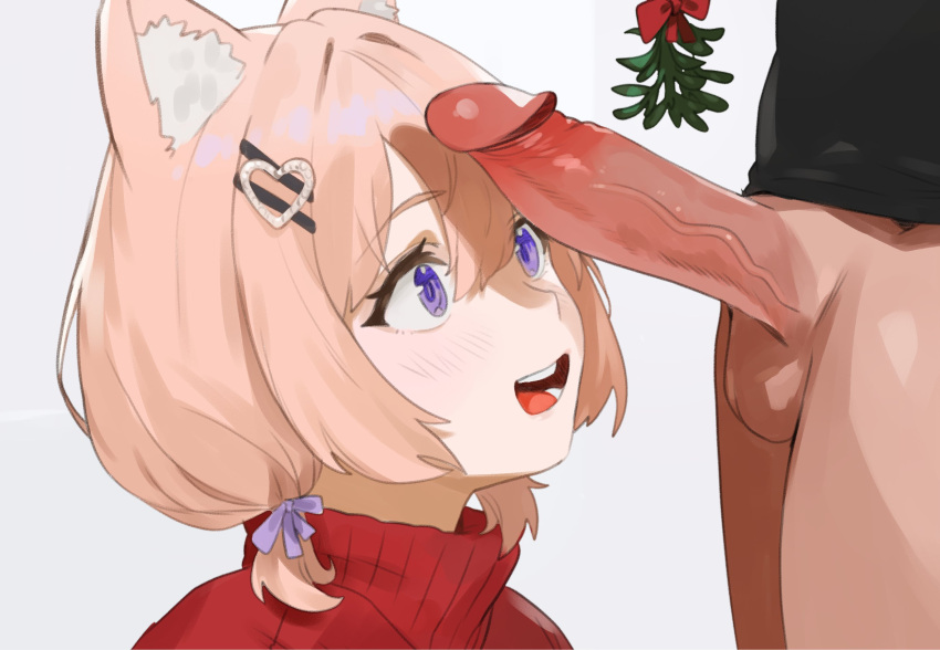 1boy aisu_koffie animal_ear_fluff animal_ears cat_ears erection female from_side hair_between_eyes hair_ornament heart heart_hair_ornament highres indie_virtual_youtuber looking_at_penis male mistletoe mistletoe_above_penis open_mouth penis penis_awe pink_hair purple_eyes short_hair simple_background smile solo_focus straight thernz uncensored virtual_youtuber white_background