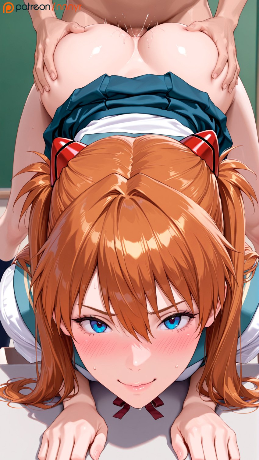 1boy 1boy1girl 1girl1boy 1girls ai_generated ass_grab asuka_langley_sohryu blue_eyes blush brown_hair doggy_style doggy_style female from_behind_position ginger_hair looking_at_viewer looking_pleasured neon_genesis_evangelion nnnyr pleasure_face pov pov_eye_contact school_uniform schoolgirl schoolgirl_uniform sex skirt stable_diffusion vaginal_penetration