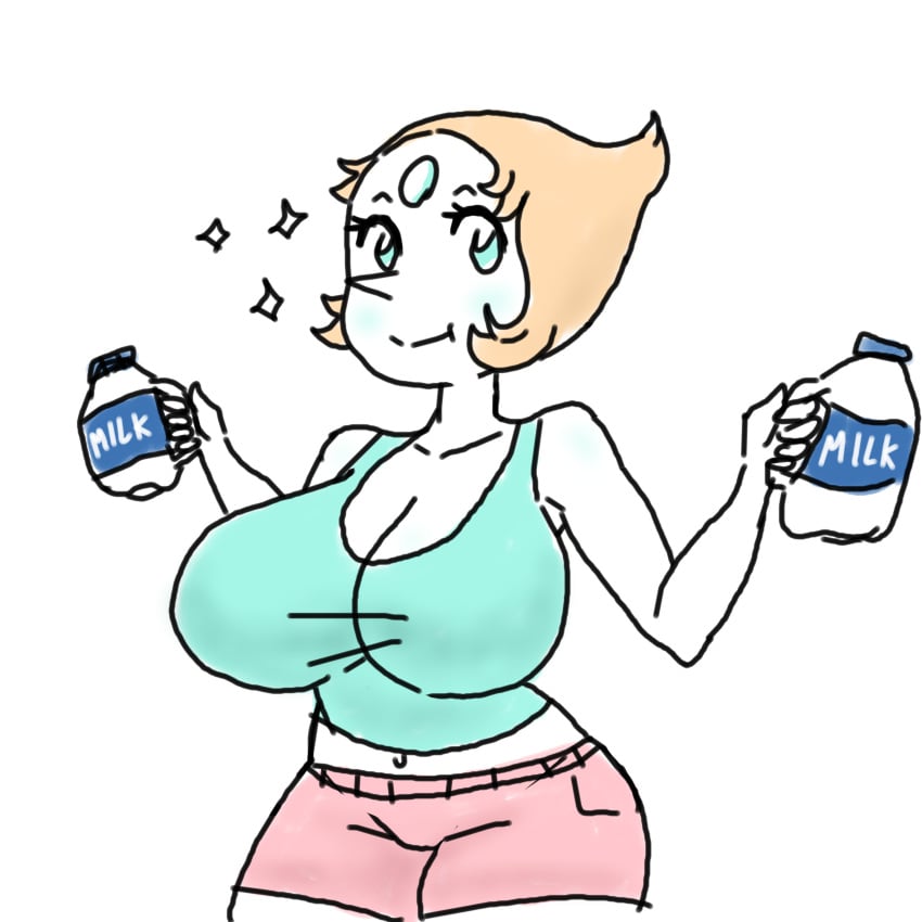 big_breasts cleavage colored_skin female forehead_jewel holding huge_breastsbreasts milk navel pearl_(steven_universe) steven_universe tagme white_skin