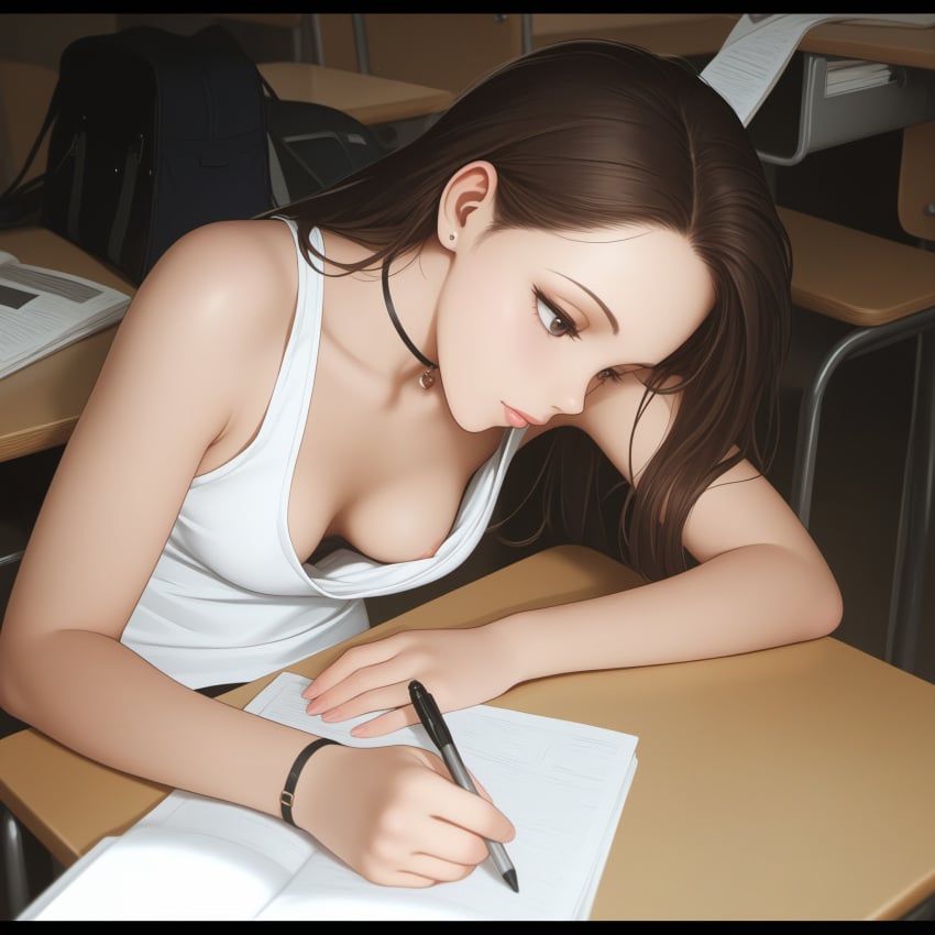 ai_generated areola_slip areolae areolae_slip classroom down_blouse downblouse low_cut_top nipslip school schoolgirl student teen teen_girl teenage_girl teenager unaware wardrobe_malfunction