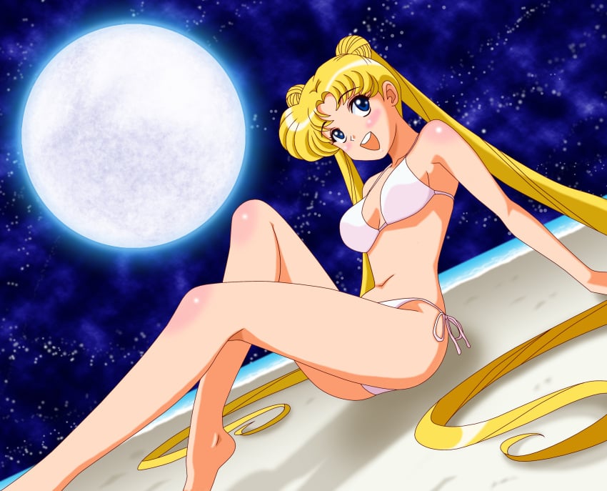 1girls absurd_res alluring bare_legs bikini bishoujo_senshi_sailor_moon blonde_hair blue_eyes blush female high_res long_hair madefanart medium_breasts moon open_mouth pin_up sailor_moon sand sitting swimsuit teeth usagi_tsukino white_bikini