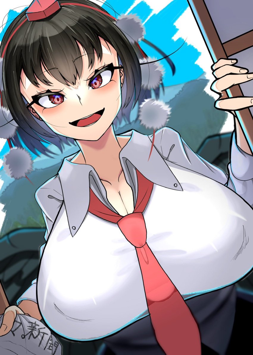 1girls big_breasts black_hair breasts cleavage clothed_female hat kaito_y_illust light-skinned_female long_eyelashes nipple_bulge red_eyes shameimaru_aya solo solo_female tengu touhou