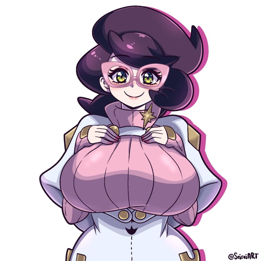 1girls artist_name big_breasts breasts clothed_female glasses green_eyes light-skinned_female mature_female pokemon pokemon_sm purple_hair seireiart smile solo solo_female watermark white_background wicke_(pokemon)