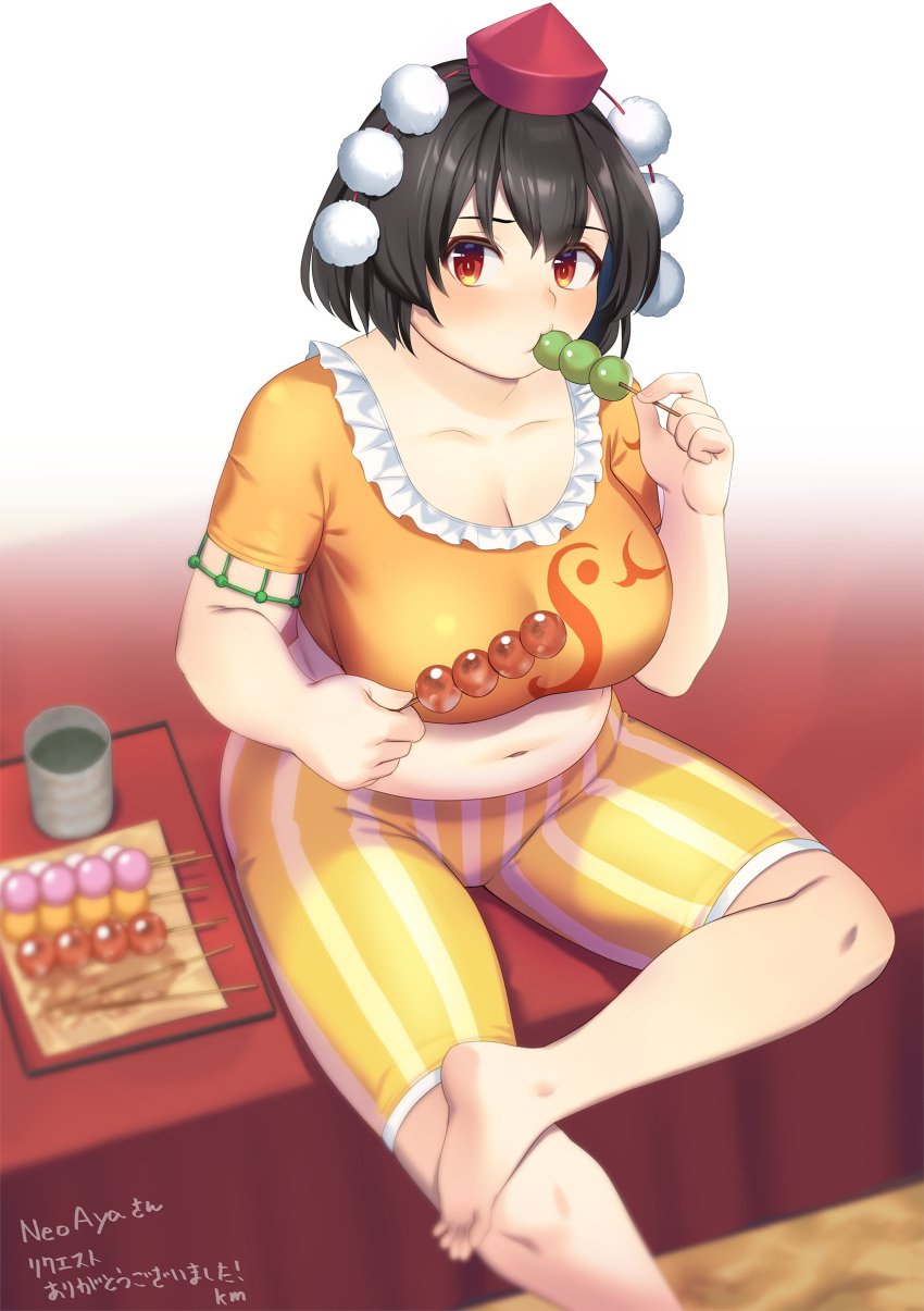1girls 2024 alternate_body_size alternate_breast_size alternate_costume bangs bangs_between_eyes bare_belly bare_midriff barefoot belly big_breasts black_hair black_hair_female blurry_background blush blush breasts chubby chubby_belly chubby_female cleavage clothed clothed_female clothing collarbone color colored cosplay cup dango digital_media_(artwork) eating eating_dango eating_food embarrassed fat fat_female fat_girl female female_focus food food_in_mouth foot_out_of_frame frilled_shirt frilled_shirt_collar frills green_tea hair_between_eyes holding holding_dango holding_food holding_object japanese_text looking_to_the_side midriff midriff_baring_shirt navel orange_shirt overweight overweight_female pinup plump pom_pom_(clothes) red_eyes red_eyes_female red_hat ringo_(touhou) shaded shameimaru_aya shirt short_hair short_hair_female short_sleeves shorts sitting sitting_on_table slight_blush solo striped_clothing striped_legwear striped_shorts table tarmo tea tengu thick_thighs tight_clothes tight_clothing tight_shirt tight_shorts tokin_hat touhou undersized_clothes vertical-striped_clothes vertical-striped_legwear vertical-striped_shorts video_game_character video_games yellow_shorts