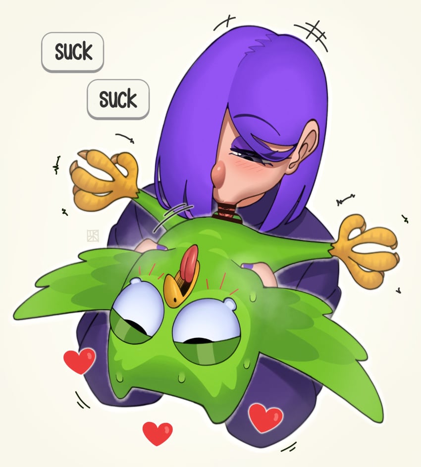 1boy 1girls bar_censor beak beastiality bird blowjob censor_bar censored censored_penis duo_(duolingo) duolingo eyebrows_visible_through_hair fellatio female hair_over_one_eye lily_(duolingo) open_mouth owl purple_eyelids purple_fingernails purple_hair purple_hair_female purple_nails simple_background takyzen tongue tongue_out wings woman