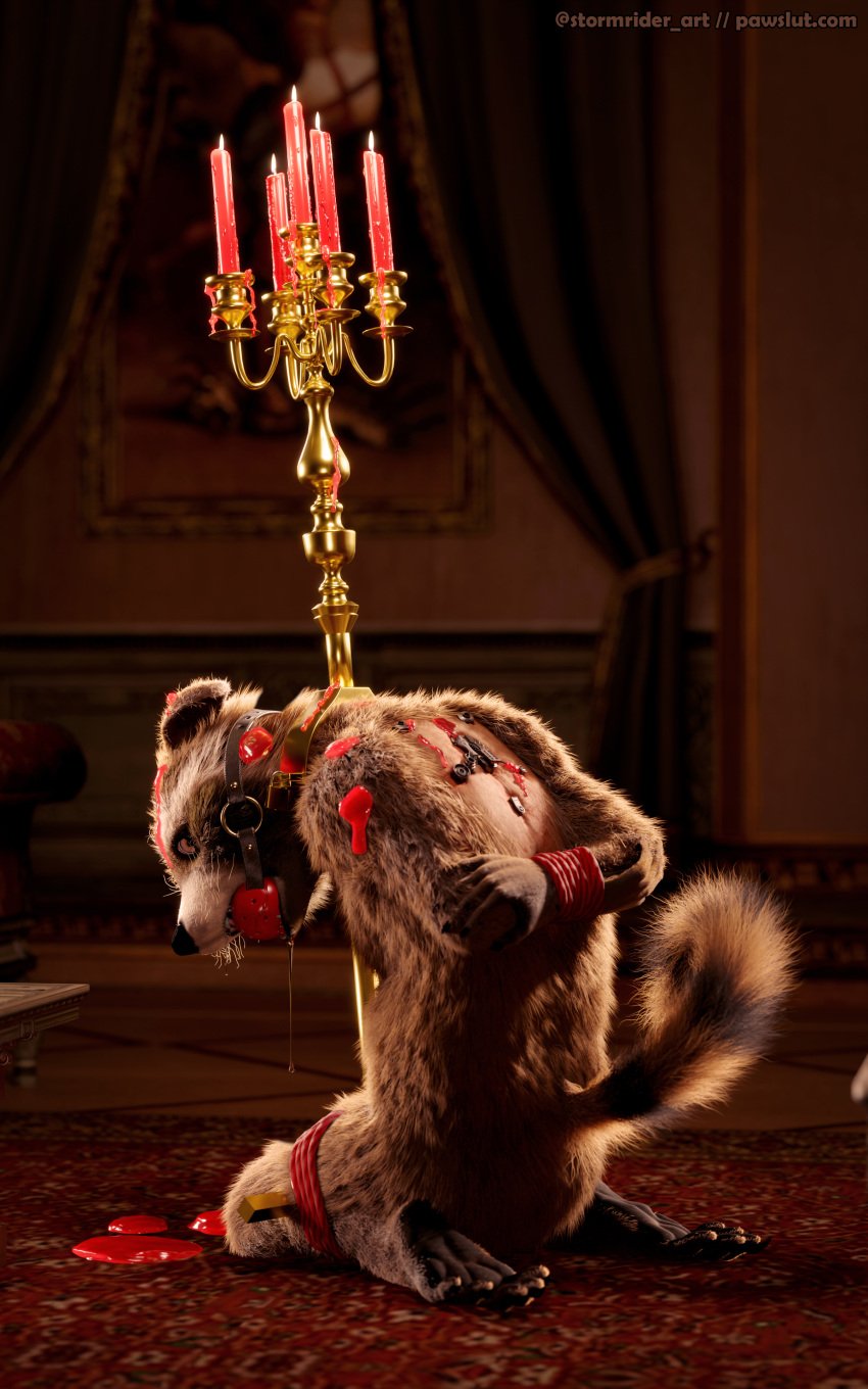 1boy 3d 5:8 5_toes absurd_res blender_(artwork) bondage bound digital_media_(artwork) feet furry guardians_of_the_galaxy hi_res humiliation mammal marvel objectification predicament_bondage procyonid raccoon restraints rocket rocket_raccoon stocks stormrider toes torture wax wax_play