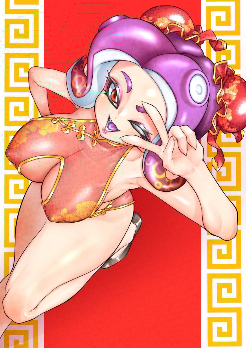 1girls ass bare_shoulders big_ass big_butt breasts chinese_clothes clothed collar dat_ass emit_x female hi_res highres light-skinned_female light_skin nintendo octarian octoling purple_hair short_hair sleeveless solo splatoon tentacle_hair thighs tight_clothes