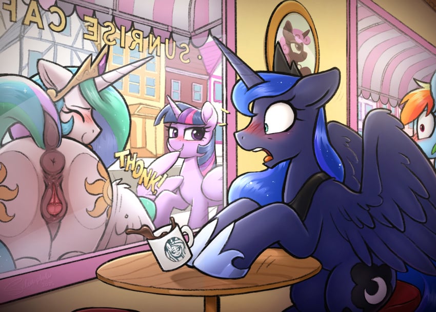 2025 absurd_res against_surface alicorn animal_genitalia animal_pussy anus ass clitoris closed_eyes cutie_mark digital_media_(artwork) dock_(anatomy) equid equine equine_genitalia equine_pussy eyelashes female feral friendship_is_magic genitals group hasbro hi_res horn mammal my_little_pony mythological_creature mythological_equine mythology on_glass princess_celestia_(mlp) princess_luna_(mlp) public pussy rear_view selenophile shocked sibling_(lore) sister_(lore) tail twilight_sparkle_(mlp) wings