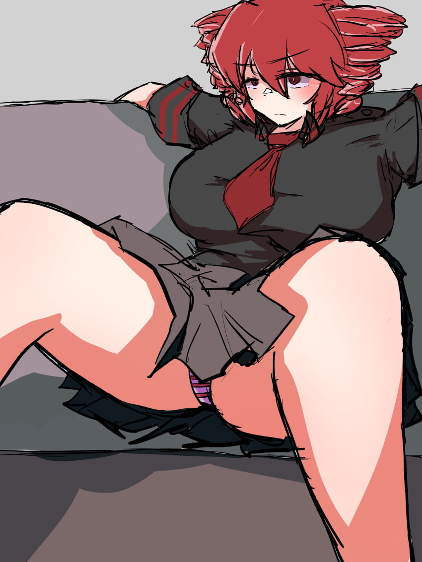 1girls 2d 2d_(artwork) big_breasts breasts clothed clothing female female_only fully_clothed huge_breasts kasane_teto large_breasts necktie panties panty_peek red_eyes red_hair sitting skirt solo solo_female spread_legs spreading striped_panties thick_thighs thighs twin_drills upskirt utau wasanpon_ama