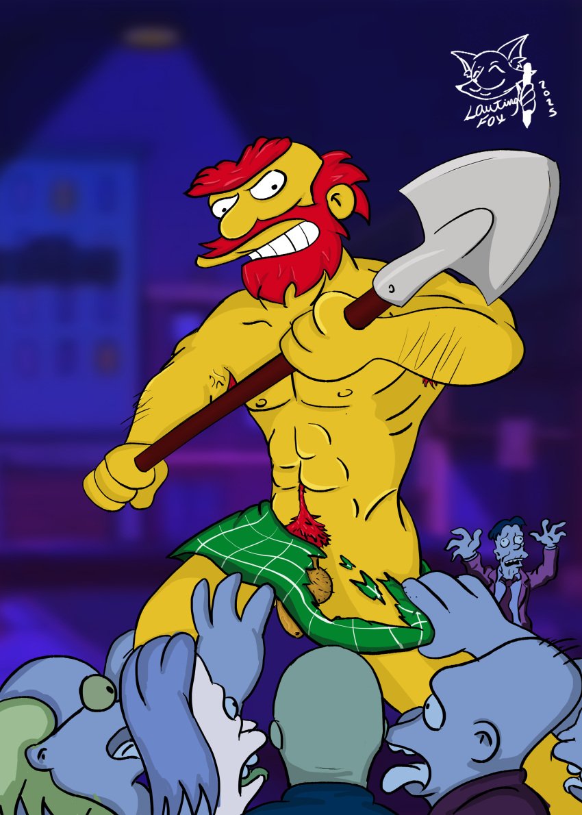 abs almost_naked armpit_hair balls beard biceps cartoon clothes_ripping flaccid foreskin gay groundskeeper_willie hairy_balls horny kilt lautingfox male male_only muscular muscular_male naked nude pectorals penis pubic_hair red_hair revealing_clothes shovel struggling tearing_clothes the_simpsons uncircumcised veiny_muscles zombie