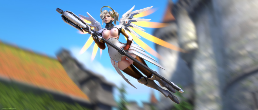 3d absurdres areolae blonde_hair blue_eyes breasts eichenwalde_(map) ellowas female female_only highres looking_at_viewer mercy nipples overwatch pussy solo