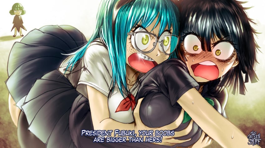 3girls angry angry_face blue_hair derivative_work esper_sisters female female_only fubuki_(one-punch_man) hi_res holding_breast kill_la_kill multiple_girls one-punch_man psykos reference reference_work school school_uniform schoolgirl_uniform tatsumaki thegoldensmurf voyeur young younger_female younger_sister yuri