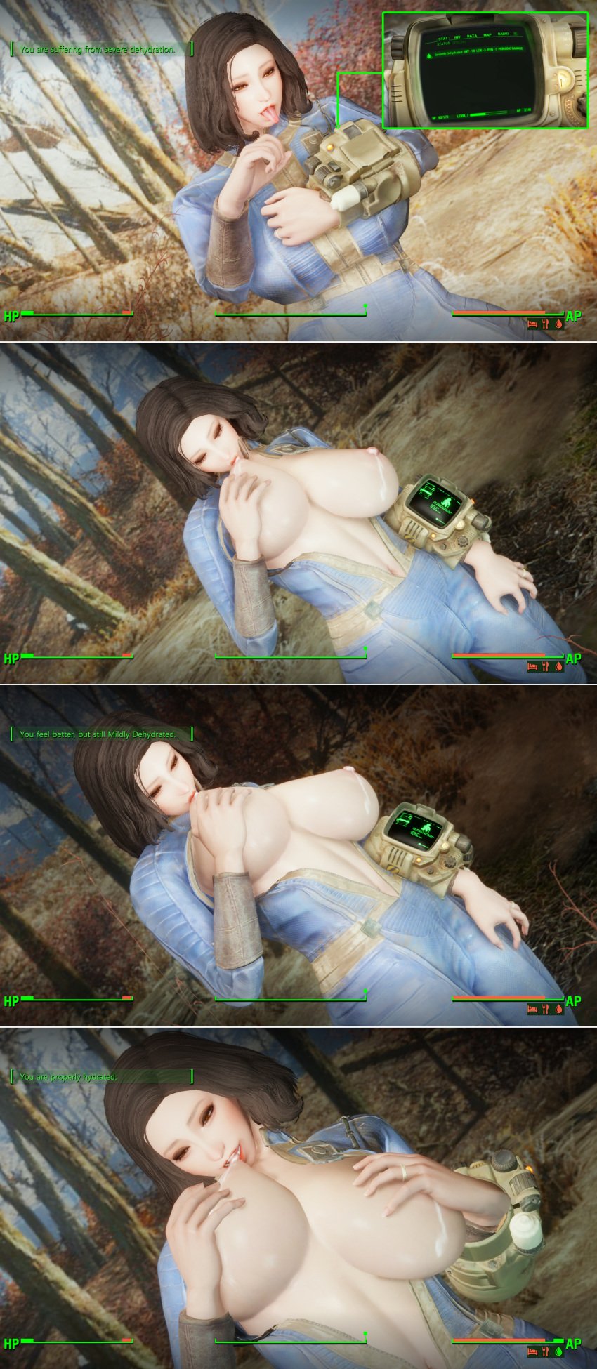 3d bethesda_softworks breastfeeding breastfeeding_self emotrashcan fallout game_mechanics milk_leaking screenshot_edit self_breast_sucking self_milking self_sucking sole_survivor_(female) sucking_breasts_milk sucking_nipples vault_dweller vault_suit