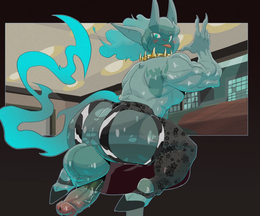 2024 animal_print ass backsack balls bar_stool big_balls big_butt big_penis blue_body blue_eyes blue_hair blush blush_lines claws clothed clothing collar cow_print demon digital_drawing_(artwork) digital_media_(artwork) felinecanis furniture genitals hair heat_seeking_devil hi_res hooves horn huge_balls huge_butt huge_cock humanoid legwear long_ears looking_at_viewer looking_back male mostly_nude penis presenting presenting_balls presenting_hindquarters presenting_penis solo stool thick_thighs thigh_highs tongue tongue_out topless translucent