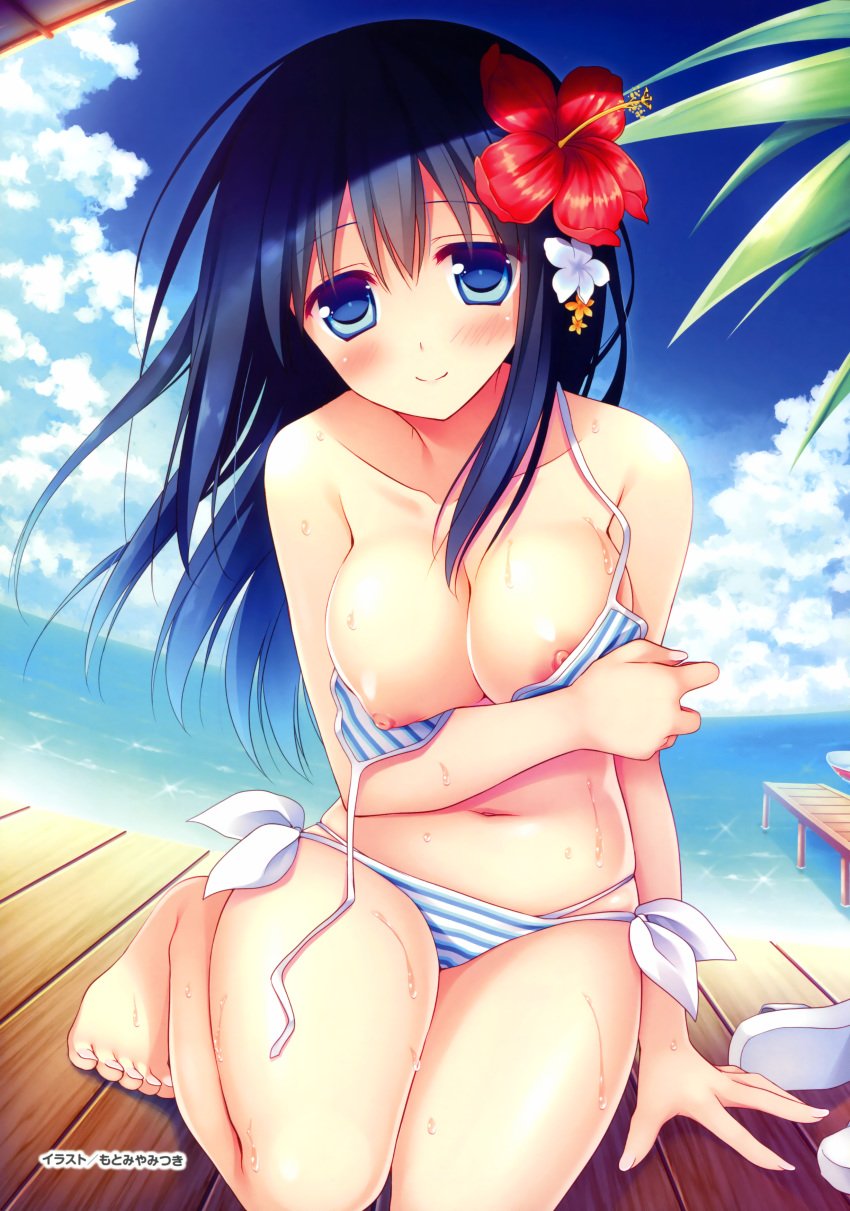 absurdres barefoot bikini blue_bikini blue_eyes blue_hair blue_sky blush breasts cleavage cloud day dutch_angle female flower hair_flower hair_ornament hibiscus highres horizon hoshino_nagisa kimi_no_tonari_de_koishiteru! looking_at_viewer motomiya_mitsuki navel nipples ocean scan seiza sitting sky smile solo striped striped_bikini swimsuit wardrobe_malfunction wet wooden_floor