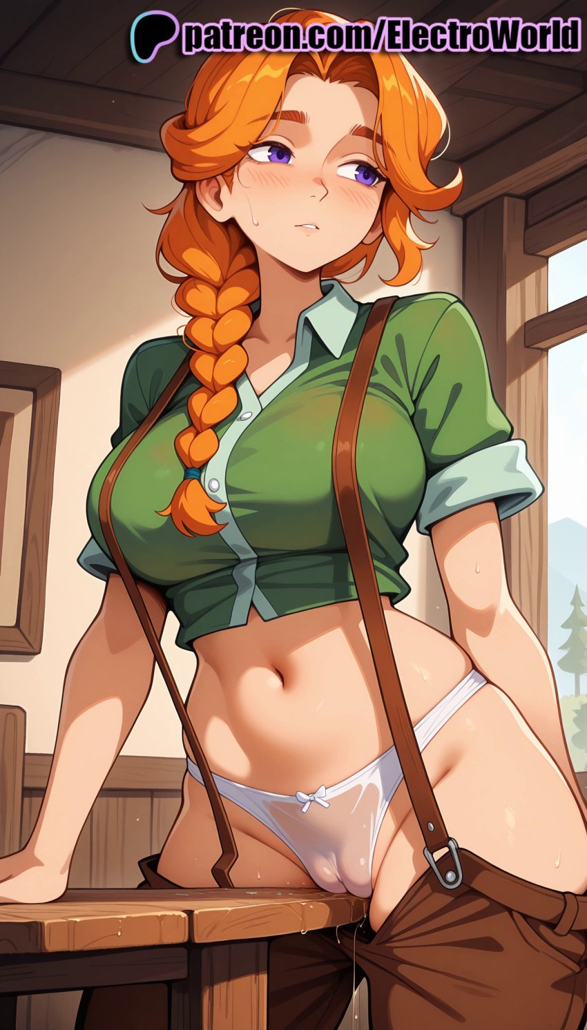 1girls 2025 2d ai ai_assisted ai_generated anime anime_girl anime_style artist_name blush bow_panties braid breast breasts bust cameltoe chest clothes_pull desk electroworld english_text female hi_res high_quality high_resolution highres indoors leah_(stardew_valley) long_hair navel nose_blush on_desk orange_hair panties pants pants_pull patreon patreon_username purple_eyes pussy_juice shirt short_sleeves solo stable_diffusion standing stardew_valley stomach sweat table underwear watermark wet wet_clothes wet_panties white_panties