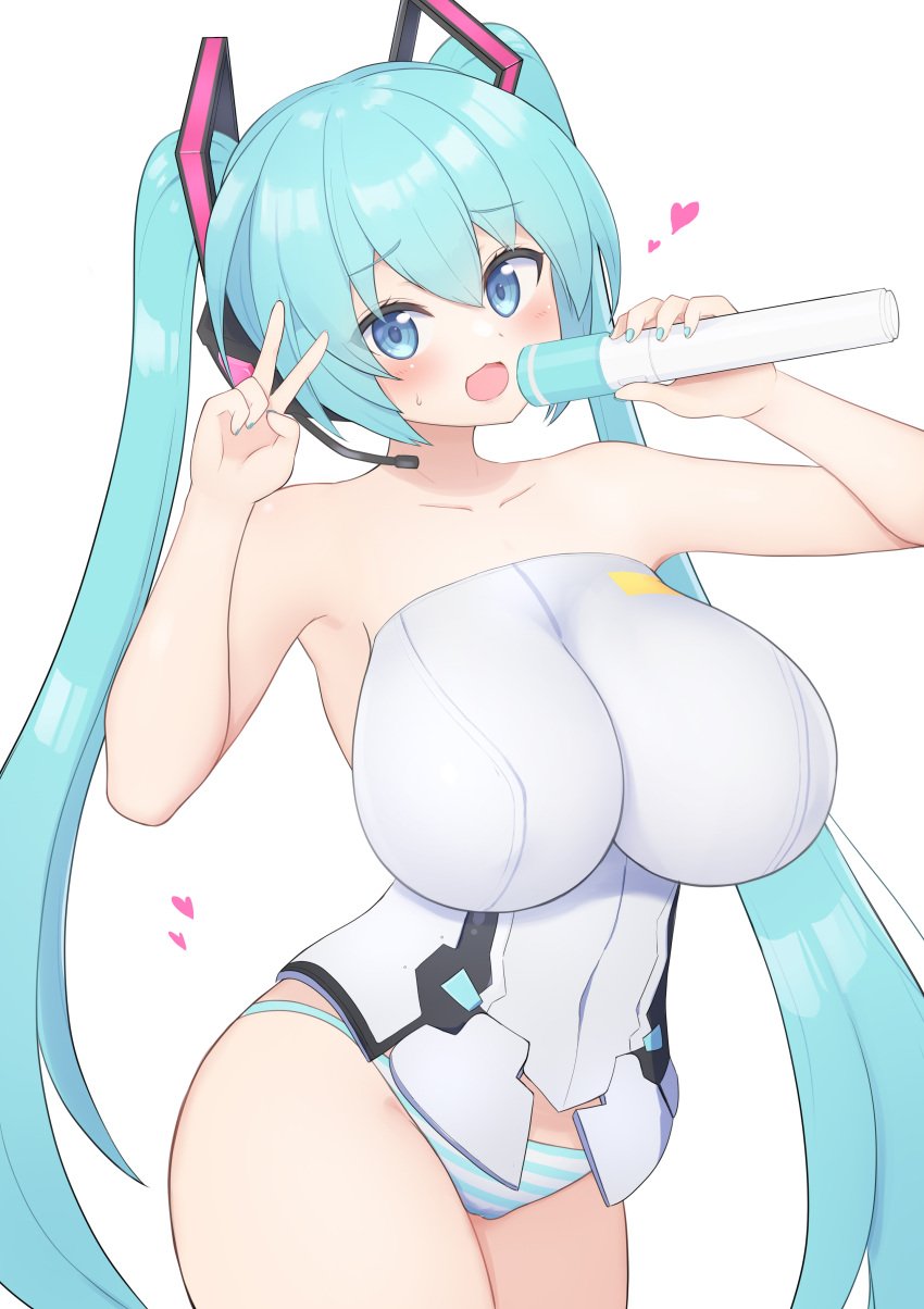 1girls alternate_version_available bare_shoulders big_breasts blue_eyes blue_hair blush female female_focus female_only hatsune_miku holding_microphone holding_object huge_breasts large_breasts light-skinned_female light_skin long_hair looking_at_viewer panties peace_sign simple_background solo subten thick_thighs thighs twintails v vocaloid white_background