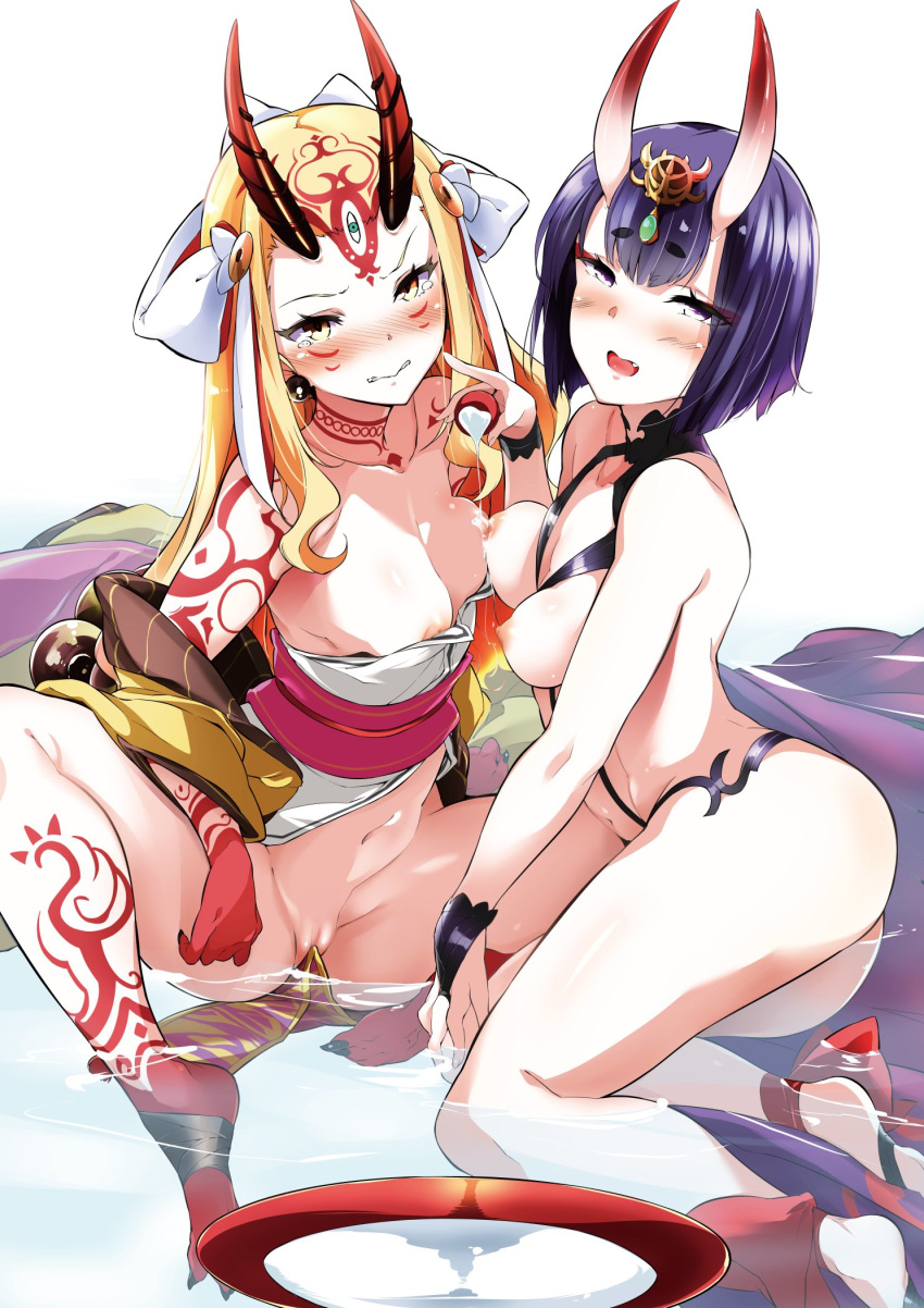 2girls alcohol areola_slip areolae ass bare_legs bare_shoulders blonde_hair blush breasts collarbone cup cute_fang demon_girl fate/grand_order fate_(series) hair_ornament highres ibaraki_douji_(fate) in_water japanese_clothes kimono kuro_(jyupiter) looking_at_viewer medium_breasts multiple_girls navel nipples oni oni_horns petite purple_eyes purple_hair pussy sakazuki sake shuten_douji_(fate) simple_background sitting smile spread_legs tattoo tears teenager water wavy_mouth white_background yellow_eyes