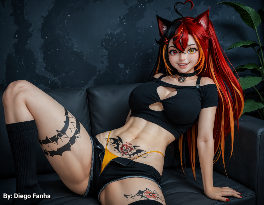 3d ai_generated big_breasts black_hair breasts cat_ears cat_girl diego_fanha female heterochromia legs_open lying_on_stomach multicolored_hair multicolored_tail pamonha_chan pamonhafkz red_hair sexy sexy_body sexy_pose shorts skinny smiling succubus succubus_tattoo thick_thighs topwear twitch virtual_youtuber vtuber vtuber_br vtuberfanart yellow_hair youtube