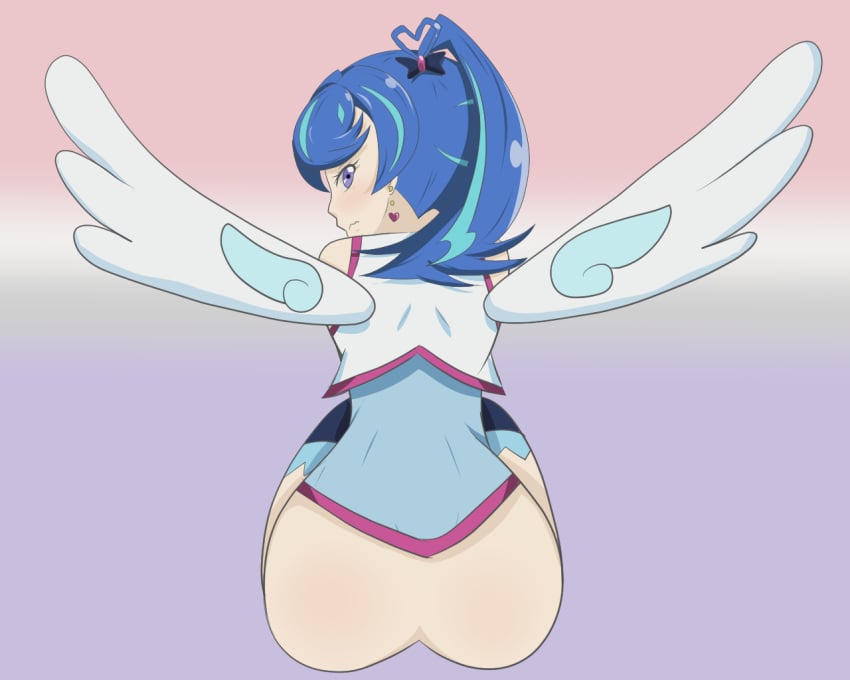 1girls ass blue_angel blue_hair blush closed_mouth clothing earrings legwear looking_at_viewer looking_back nervous nervous_sweat pose purple_eyes rear_view sitting solo twintails usamimix_mania wings yu-gi-oh! yu-gi-oh!_vrains zaizen_aoi