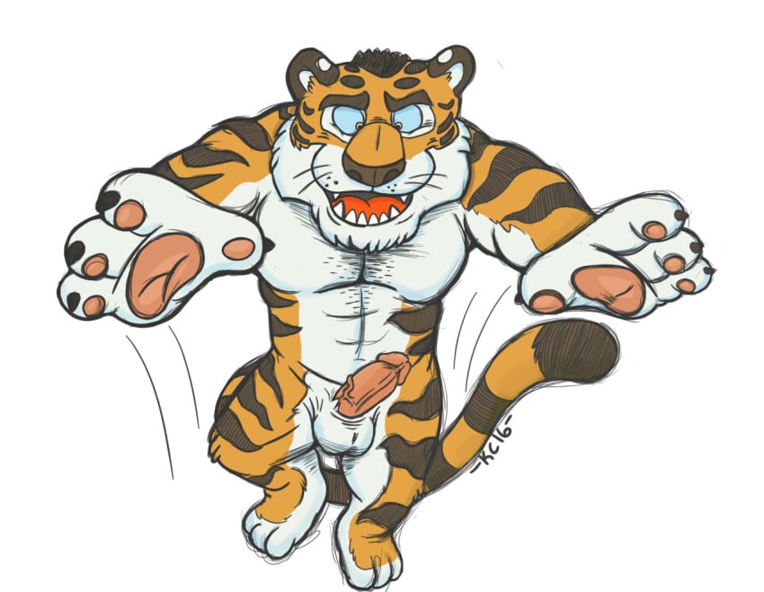 animal_genitalia anthro balls barefoot erection feline flat_colors front_view humanoid_penis krunchycroc male male_only mammal motion_lines muscular nude open_mouth pawpads pecs penis pounce sharp_teeth sheath signature smile teeth tiger vein veiny_penis whiskers