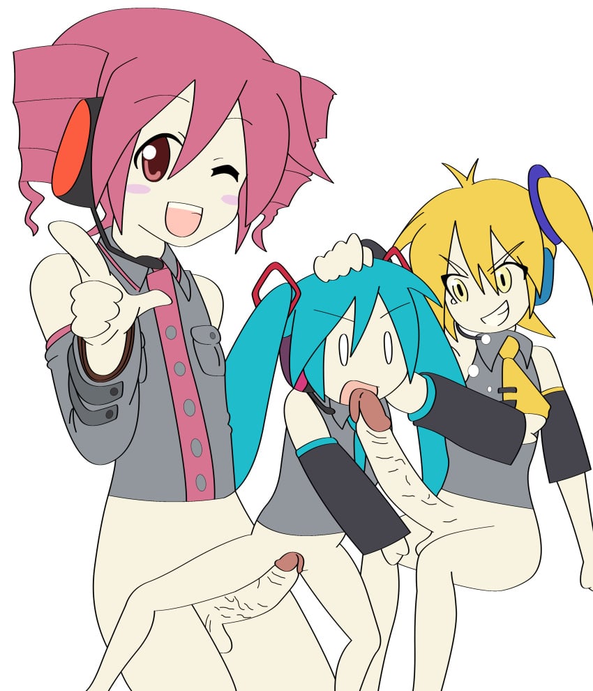 2futas akita_neru bare_shoulders blonde_hair blue_hair blue_tie clothed cowgirl_position fellatio female forced_oral futa_on_female futanari hatsune_miku intersex kasane_teto laugh laughing long_hair long_penis penis red_hair screaming smile smilling threesome traced traced_art triple_baka_(vocaloid) vaginal_penetration vocaloid
