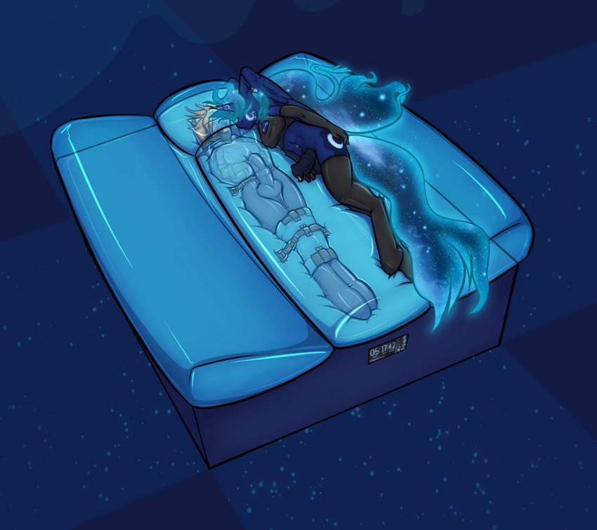 2017 alicorn anthro anthrofied areola blue_theme bondage bound clothing elbow_gloves equine friendship_is_magic futanari gag genital_piercing gloves horn intersex krd latex legwear mammal my_little_pony pegasus penis penis_piercing piercing princess_luna_(mlp) sleeping sparkles spitfire_(mlp) stockings straitjacket wings wonderbolts_(mlp)