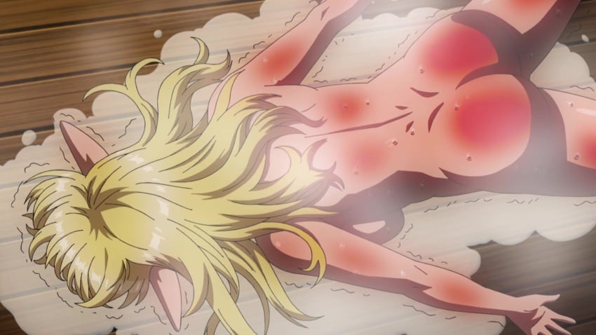 completely_nude_female elf-san_wa_yaserarenai elfuda female lying_on_stomach sweat sweat_puddle