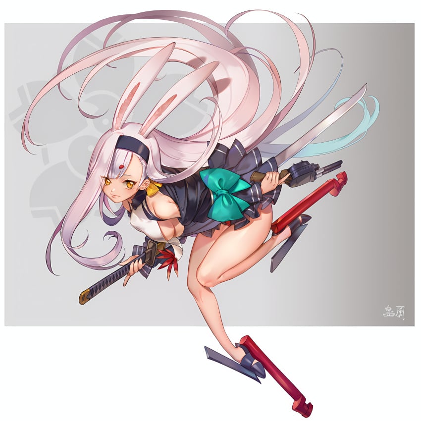 azur_lane bunny_ears bunny_girl cleavage curvaceous_female curvy curvy_hips cute fanservice golden_eyes gun headband leotard long_hair ogyue plump_thighs shimakaze_(azur_lane) sideboob small_breasts sword white_hair wide_hips