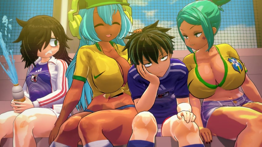 3d 3girls1boy bench big_boobs big_breasts boobs breasts brown_body cerebella cleavage dark-skinned_female dark_skin dolly_dimpley female hat headphones huge_boobs huge_breasts jealous jean_shorts koikatsu kuroki_tomoki kuroki_tomoko large_boobs large_breasts navel older_female_and_younger_male papaoso skullgirls smiling_friends soccer_uniform tagme watashi_ga_motenai_no_wa_dou_kangaetemo_omaera_ga_warui!